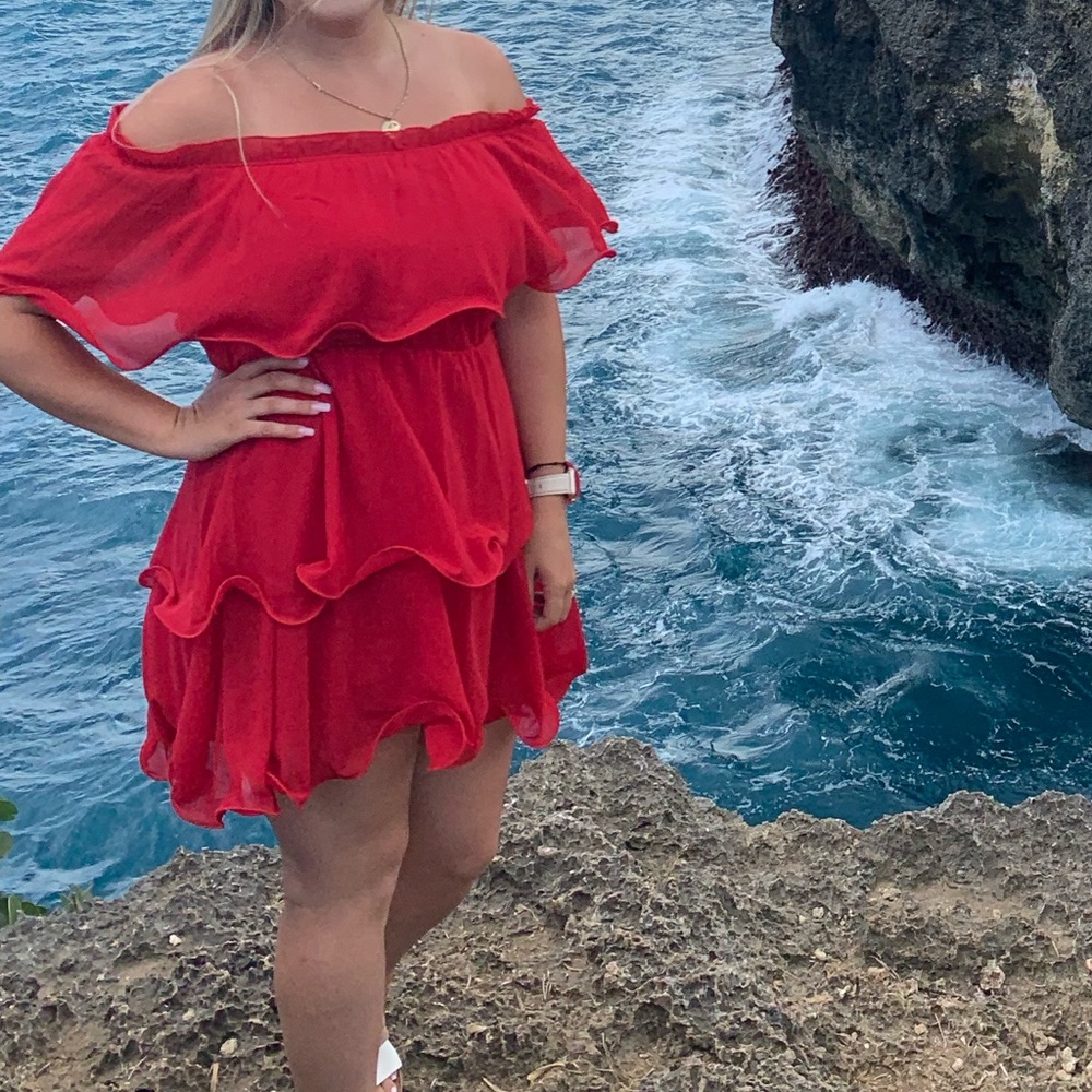 Red Chiffon Bardot Ruffle Tiered Dress
